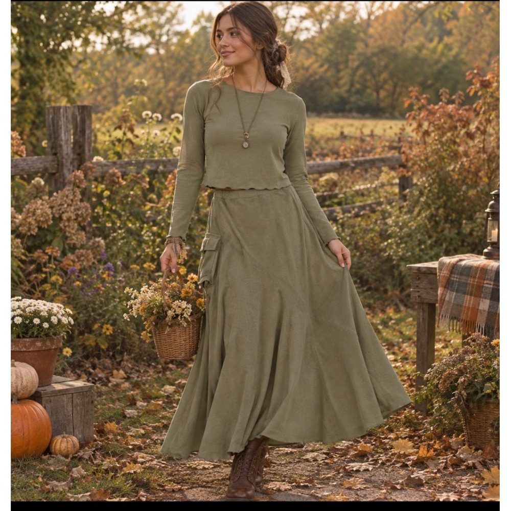 Peruvian Connection Skirt Set Women M Olive Green Pima Cotton Cargo Cottagecore